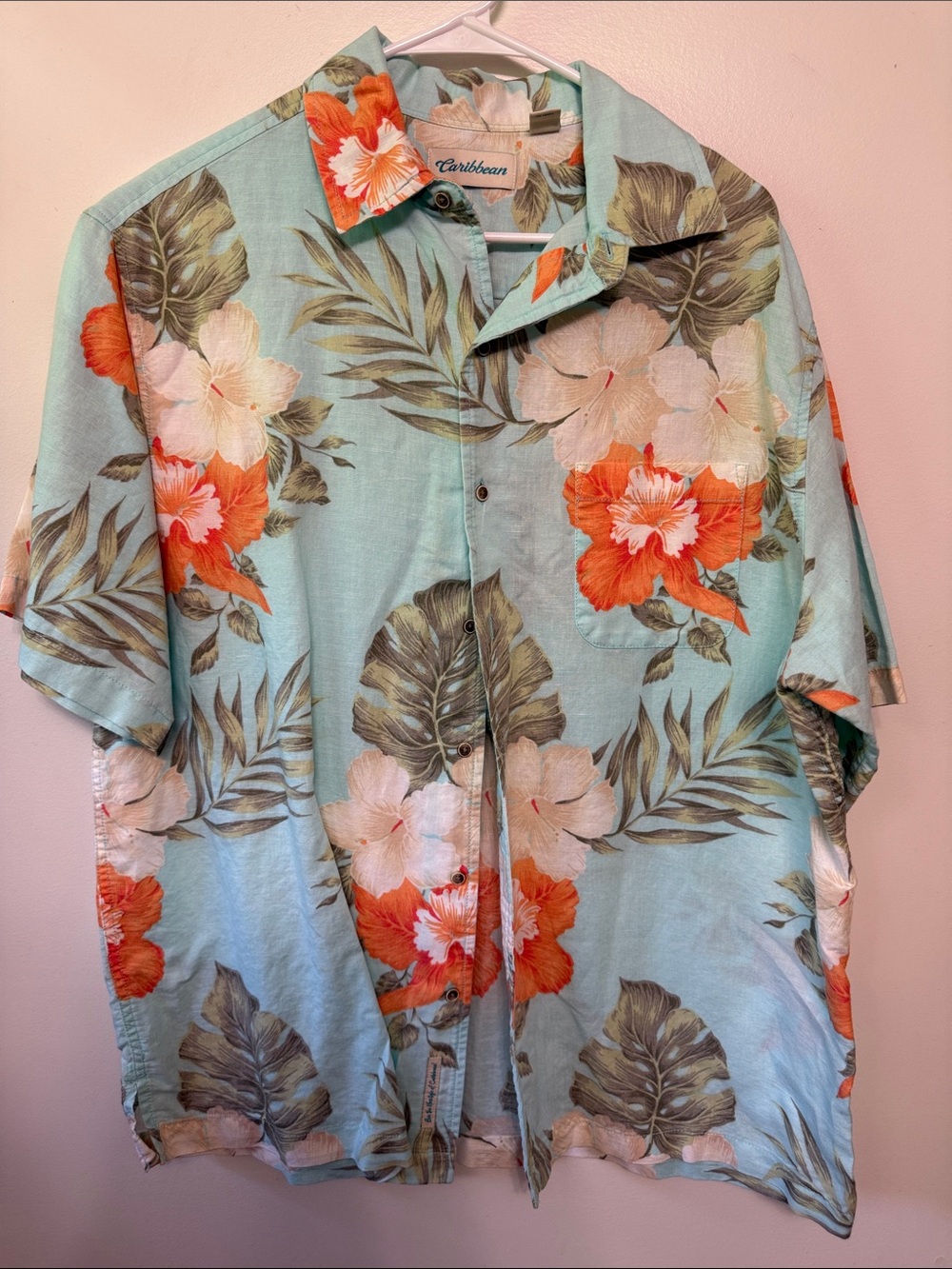 Caribbean Men's Aqua Floral Hawaiian Shirt with Orange Hibiscus